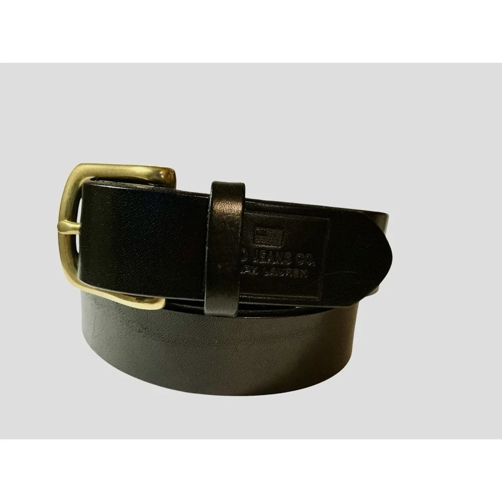 Vintage Polo Jeans Co. Ralph Lauren Black Leather Belt Size 32 Brass Buckle